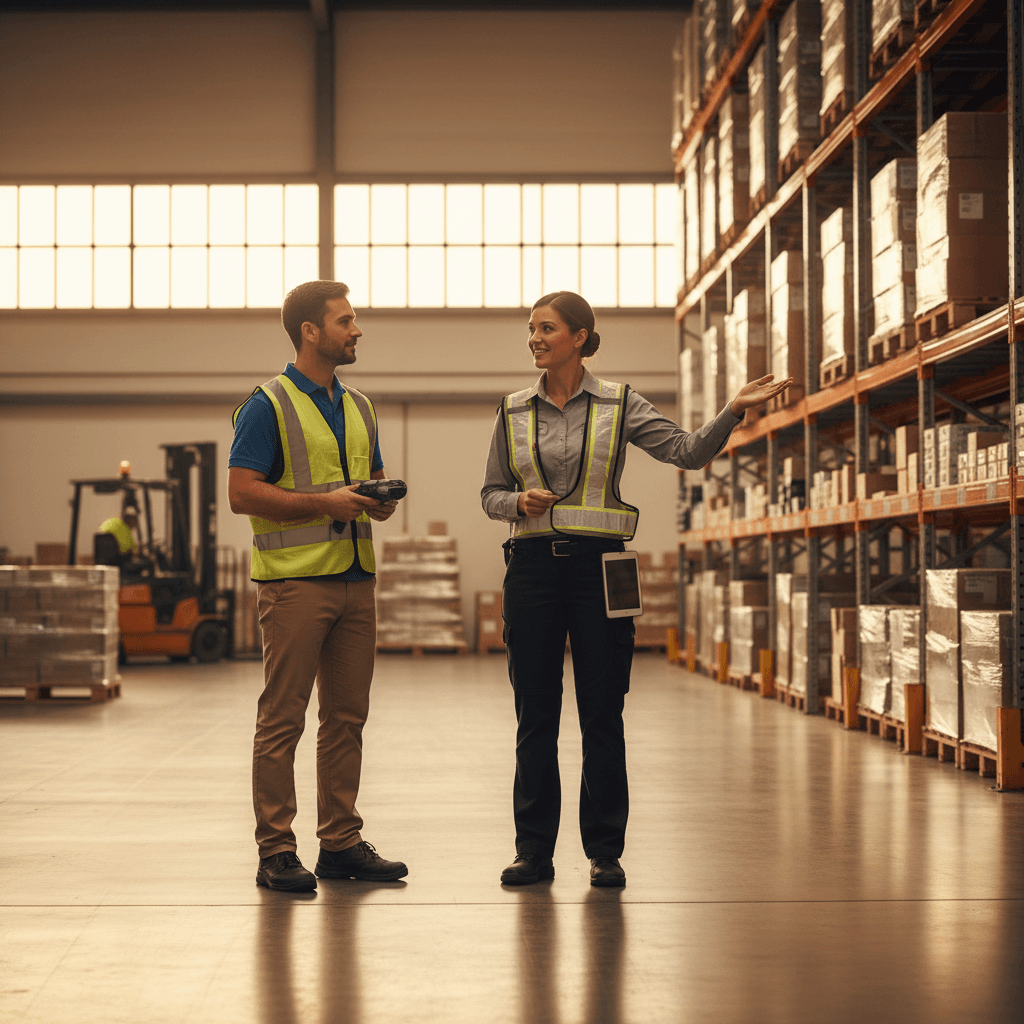 Supervisor de logística orientando sua equipe no armazém