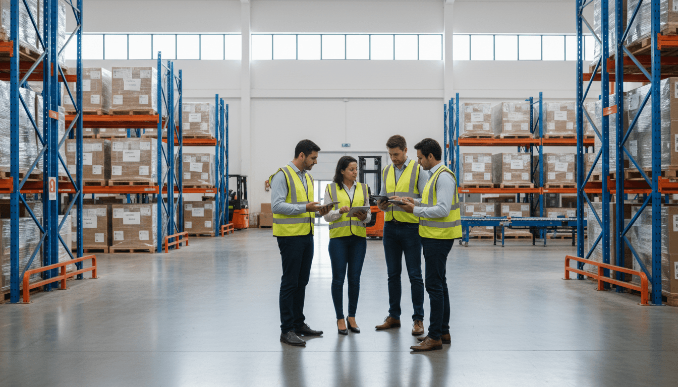 Modern warehouse interior with organized shelving, parcels, and diverse logistics team managing international shipments