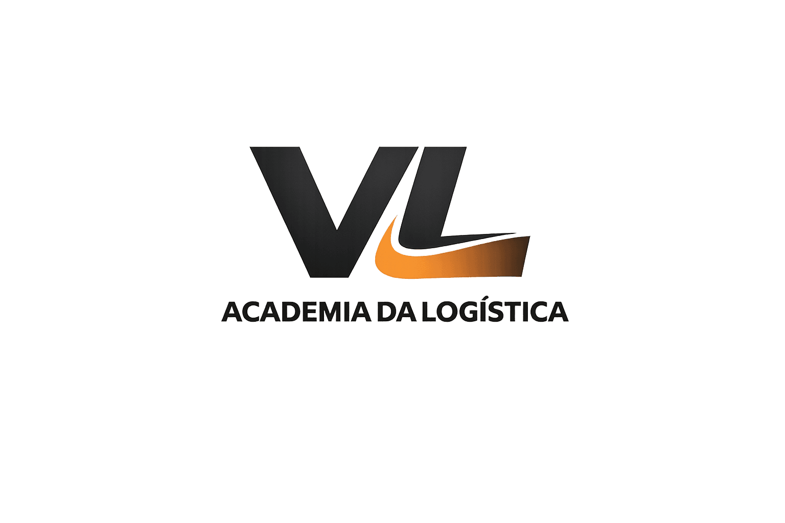 Logotipo VL Academia da Logística com letras pretas e uma curva laranja estilizada.